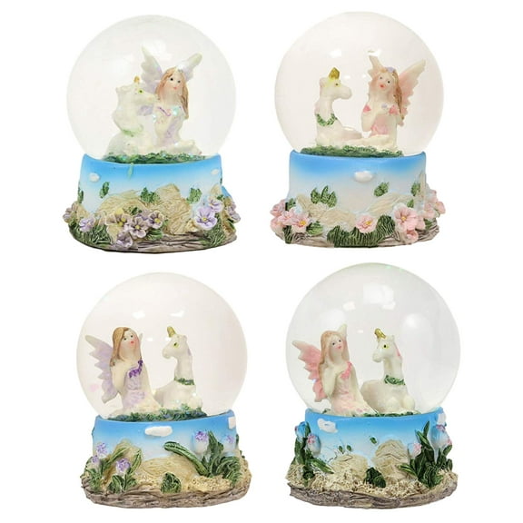 Set of 4 Fantasy Pixie Fairies And Unicorns Small Glitter Water Globe Figurines