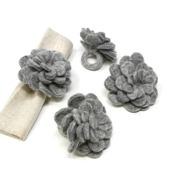 Set of 4 Felt Napkin Rings, Taupe Zinnias