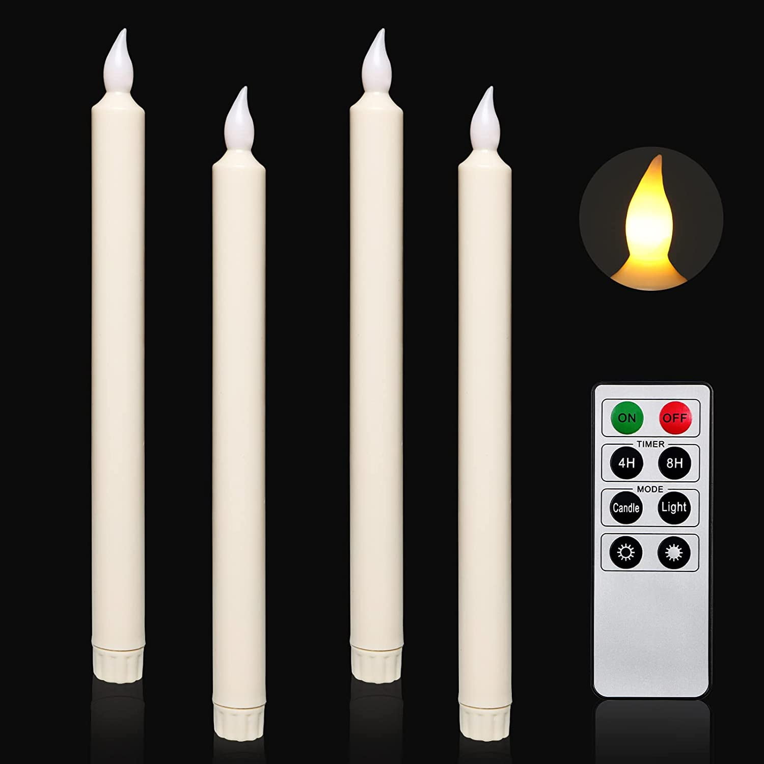 Set of 4 Flameless Taper Candles with Remote Control and Timer