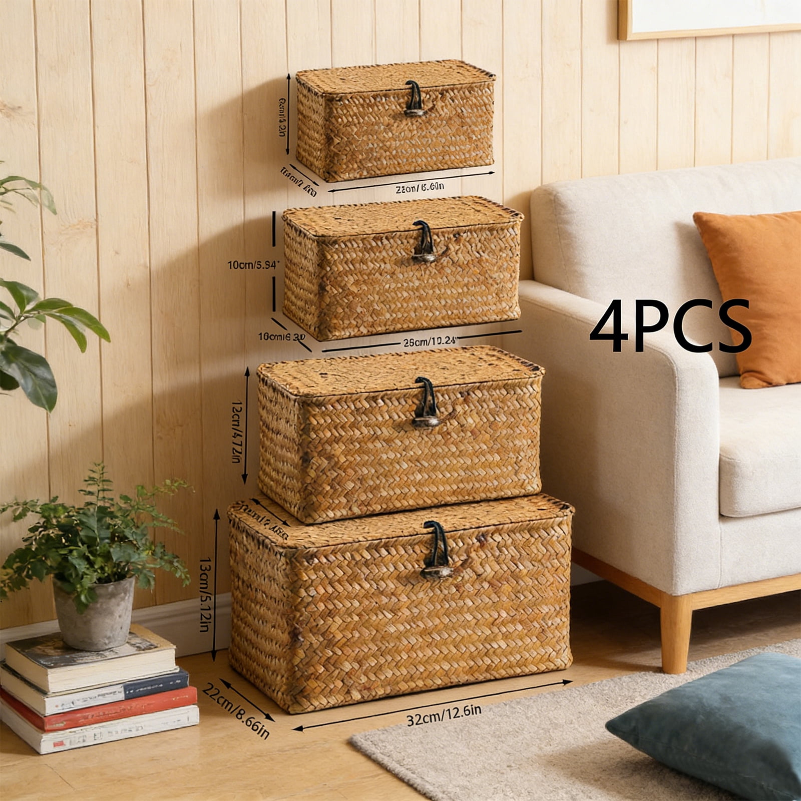 Set of 4 Flat Woven Wicker Storage Bins with Lid Natural Seagrass Basket Multipurpose Home Boxes for Shelf Organizer