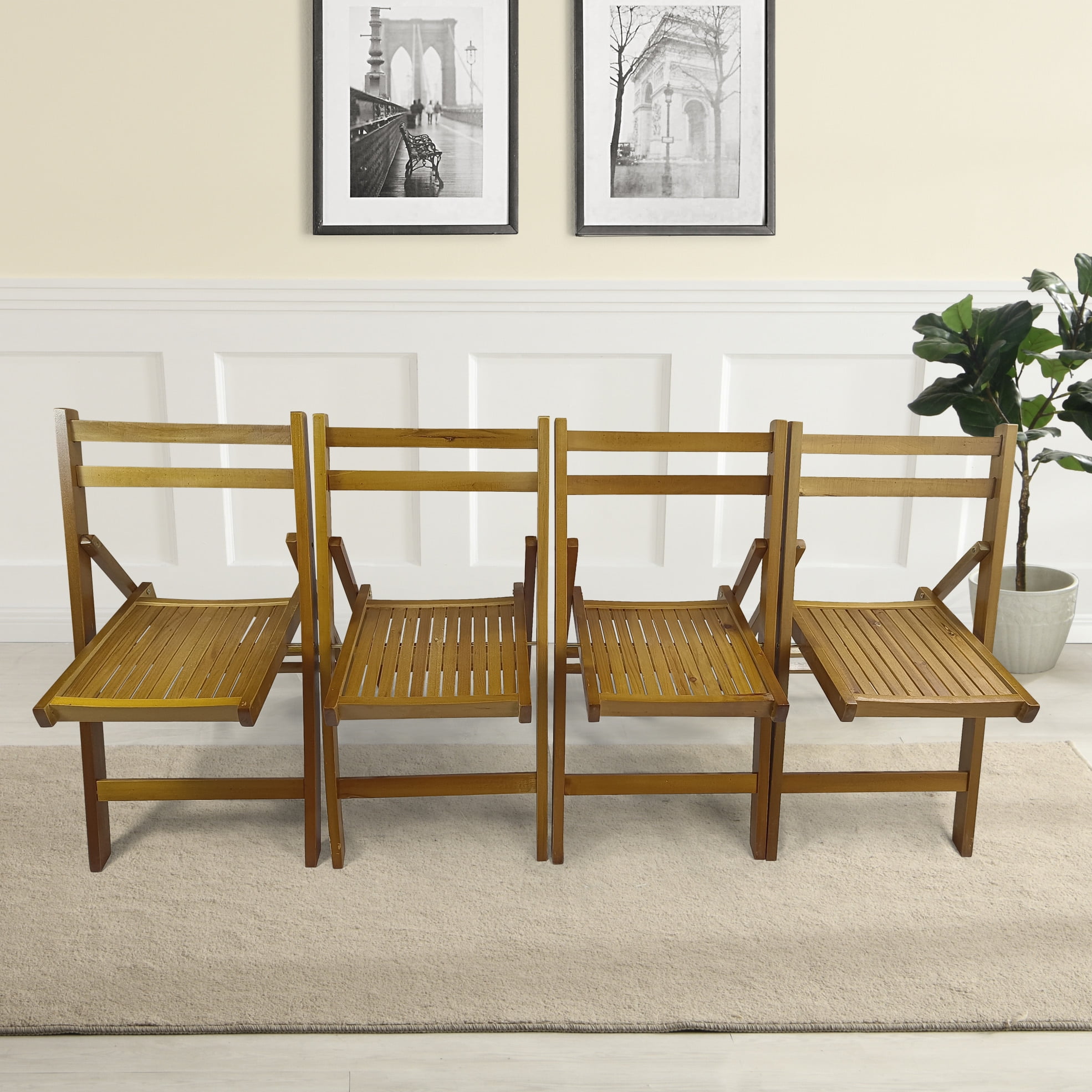 4-Piece Wood Folding Chairs Set - Indoor/Outdoor Solid Wood Slatted Seats