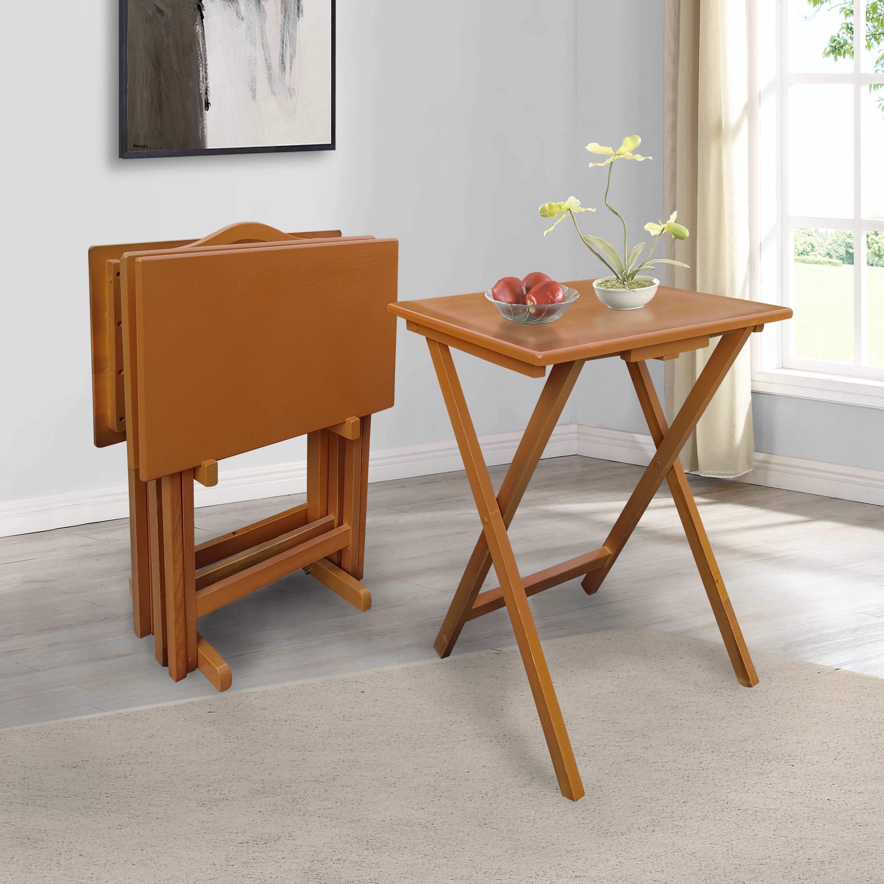 Set of 4 Folding Trays with Storage Rack, Classic Eating Tables for