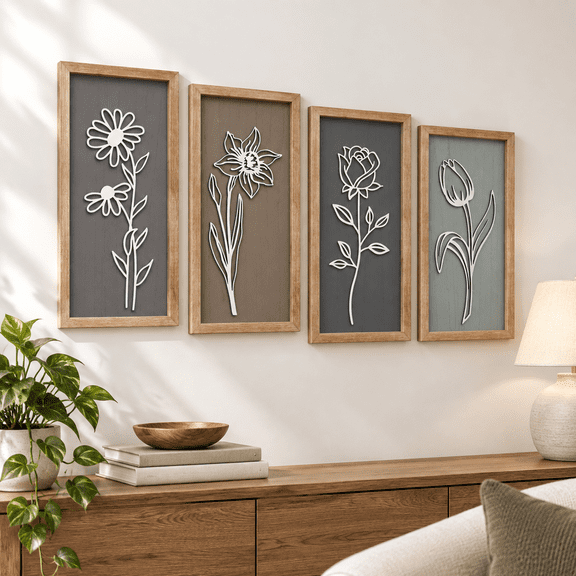 Set of 4 Framed 7"x16" 3D Wooden Botanical Wall Sculpture Decor