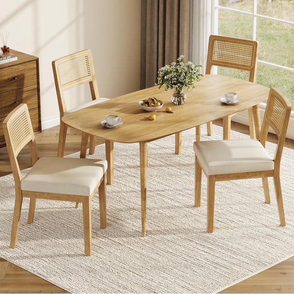 Set of 4 French Country Dining Chairs Rattan Back Padded Linen Seat Wood Frame Natural for Dining Room Kitchen