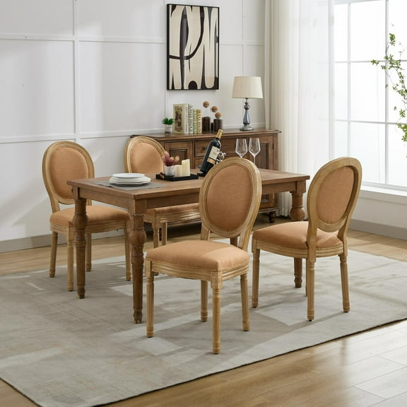Set of 4 French Style Solid Wood Frame Antique Painting Linen Fabric Back Dining Chair (Tan)