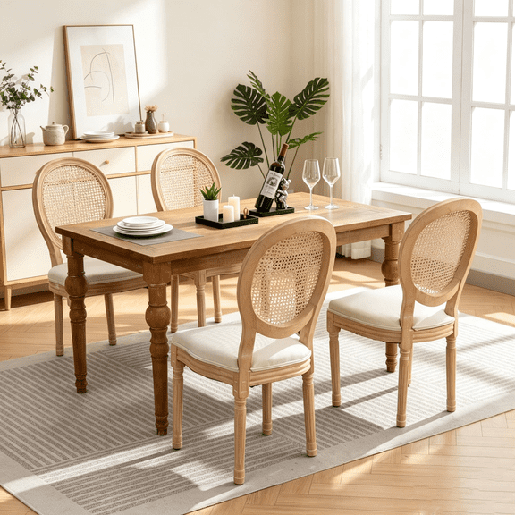 Set of 4 French Style Solid Wood Frame Antique Painting Linen Fabric Rattan Back Dining Chair (Beige)