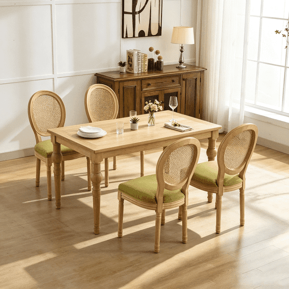 Set of 4 French Style Solid Wood Frame Antique Painting Linen Fabric Rattan Back Dining Chair (Olive Green)