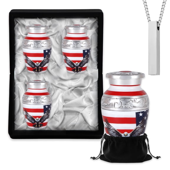 Set of 5 Flag Small Keepsake Urns for Human Ashes – 4 Mini Cremation Urns with 1 NecklaceUrn for Ashes