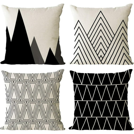 Set of 4 Geometric Black and White Decorative Throw Pillow Covers Cotton Linen Square Cushion Covers Outdoor Couch Sofa Home Pillow Cases 18x18 Inch