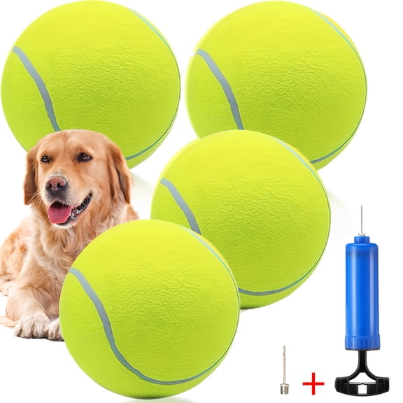 Set of 4 Giant 9.5-Inch Pet Tennis Balls with Needle and Pump, Large Interactive Dog Toys for Training, Play, and Exercise for Dogs of All Sizes