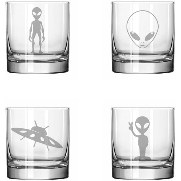 Set of 4 Glass 11 oz Rocks Whiskey Glass Gift Alien Collection