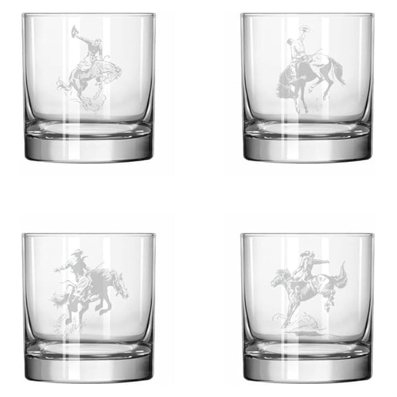Set of 4 Glass 11 oz Rocks Whiskey Glass Gift Bronco Buster Rodeo Western Horses Collection
