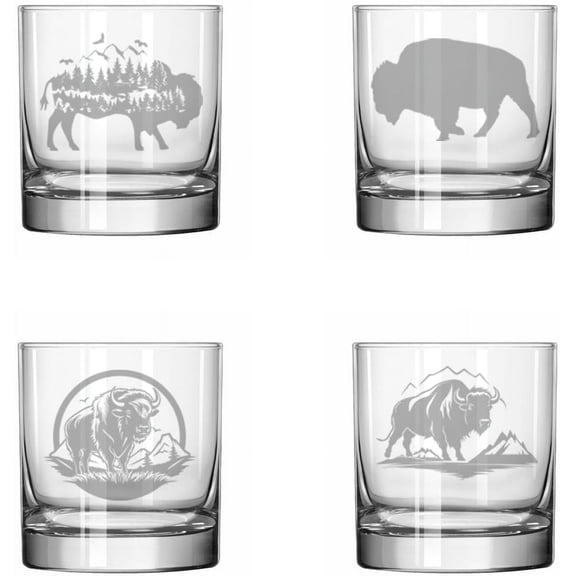 Set of 4 Glass 11 oz Rocks Whiskey Glass Gift Buffalo Bison Collection