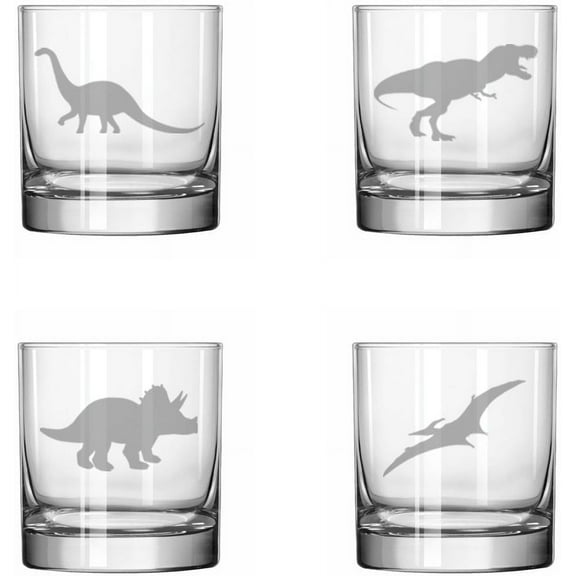 Set of 4 Glass 11 oz Rocks Whiskey Glass Gift Dinosaur Collection