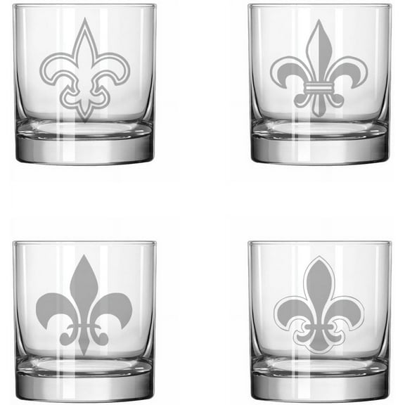 Set of 4 Glass 11 oz Rocks Whiskey Glass Gift Fleur De Lis Collection