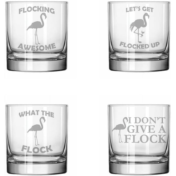 Set of 4 Glass 11 oz Rocks Whiskey Glass Gift Funny Flamingo Collection