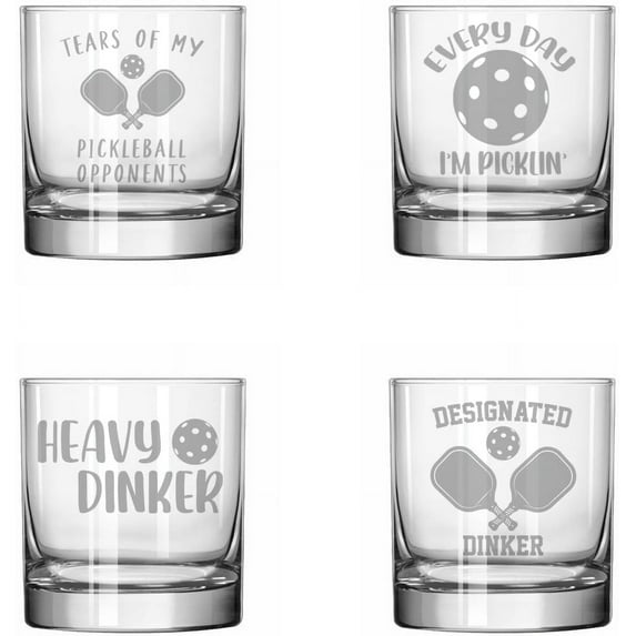 Set of 4 Glass 11 oz Rocks Whiskey Glass Gift Funny Pickleball Collection
