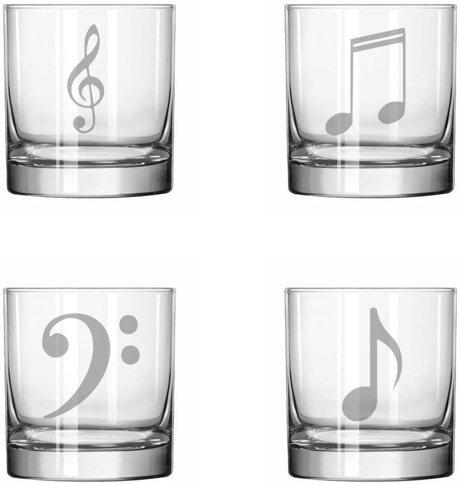 Set of 4 Glass 11 oz Rocks Whiskey Glass Gift Music Notes Collection ...