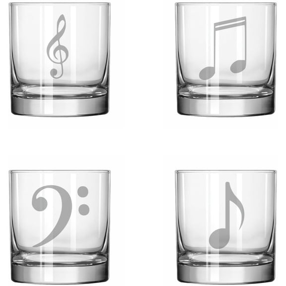 Set of 4 Glass 11 oz Rocks Whiskey Glass Gift Music Notes Collection