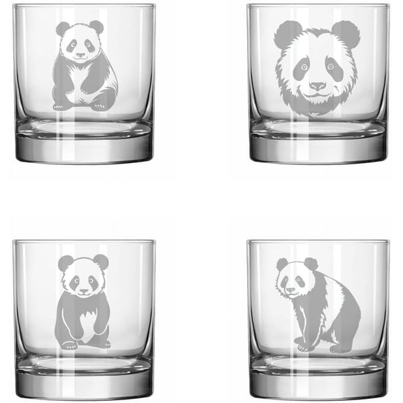 Set of 4 Glass 11 oz Rocks Whiskey Glass Gift Panda Collection