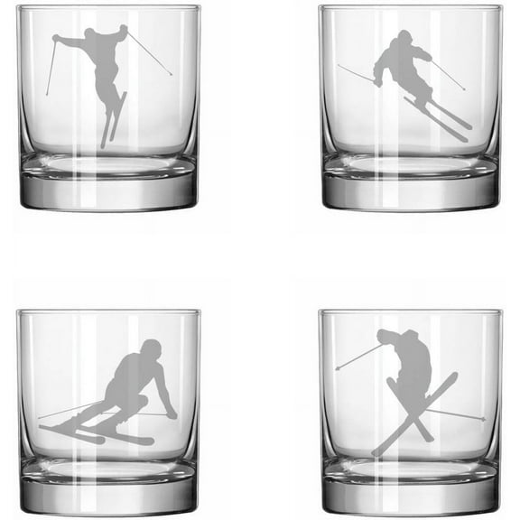 Set of 4 Glass 11 oz Rocks Whiskey Glass Gift Ski Skier Collection