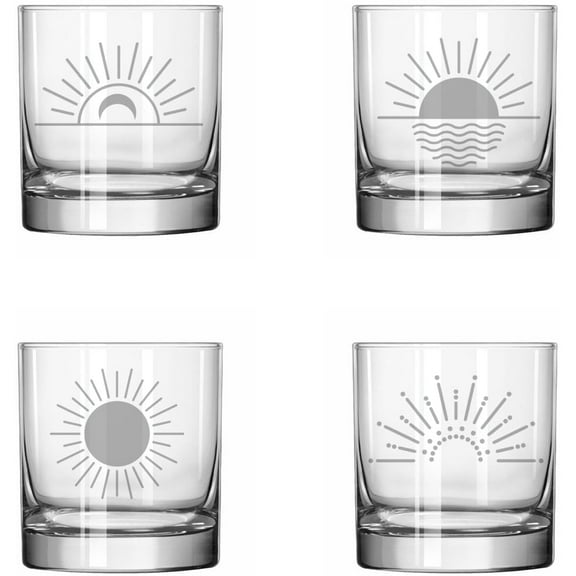Set of 4 Glass 11 oz Rocks Whiskey Glass Gift Sun Sunrise Sunset Boho Collection