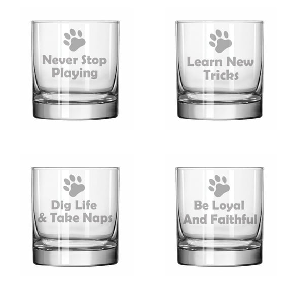 Set of 4 Glass 11 oz Rocks Whiskey Highball Dog Wisdom Collection