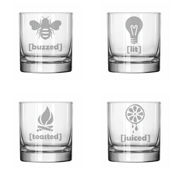 Set of 4 Glass 11 oz Rocks Whiskey Highball Funny Drunk Buzzed Lit Toasted Juiced