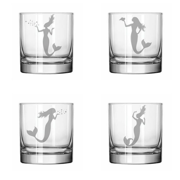 Set of 4 Glass 11 oz Rocks Whiskey Highball Mermaids Collection