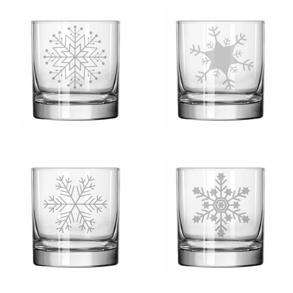 Set of 4 Glass 11 oz Rocks Whiskey Old Fashioned Christmas Snowflake Collection