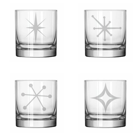 Set of 4 Glass 11 oz Rocks Whiskey Old Fashioned Retro Starbursts Mid Century Modern Art Deco Collection
