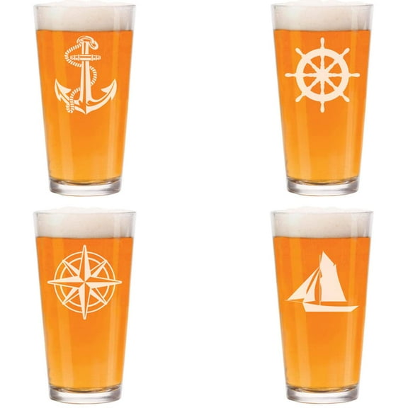 Set of 4 Glass 16 oz Beer Pint Anchor Boat Compass Nautical Collection