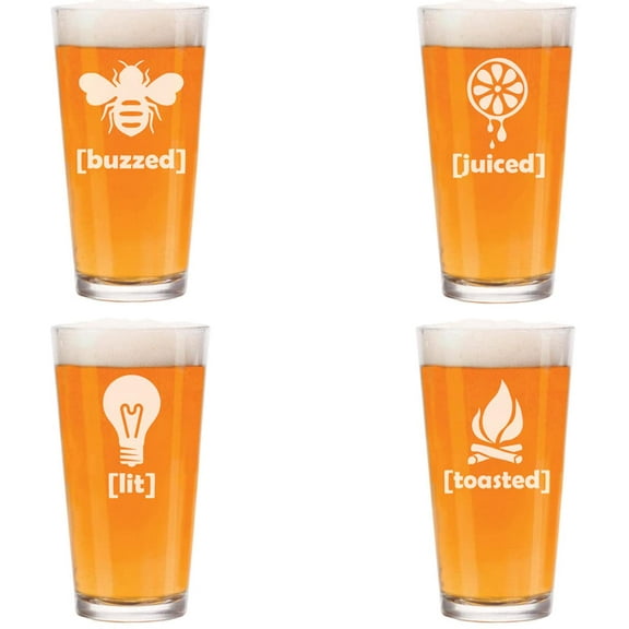Set of 4 Glass 16 oz Beer Pint Funny Drunk Buzzed Lit Toasted Juiced