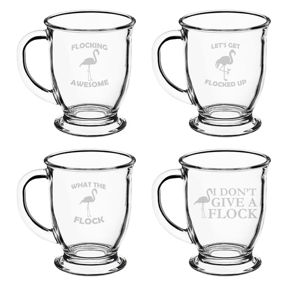 Set of 4 Glass 16oz Coffee Mug Tea Glass Gift Funny Flamingo Collection