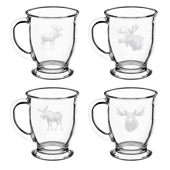 Set of 4 Glass 16oz Coffee Mug Tea Glass Gift Moose Collection