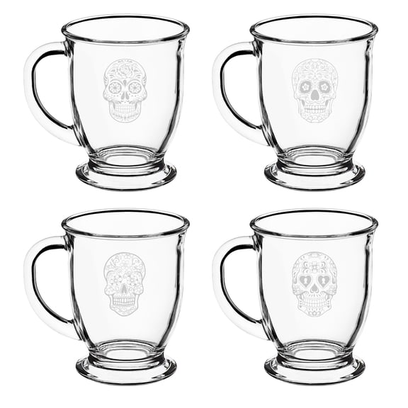 Set of 4 Glass 16oz Coffee Mug Tea Glass Gift Sugar Skull Collection