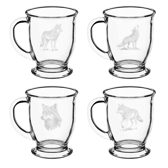 Set of 4 Glass 16oz Coffee Mug Tea Glass Gift Wolf Collection