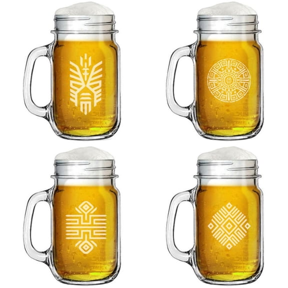 Set of 4 Glass 16oz Mason Jar Glass Mug w/Handle Gift Aztec Collection