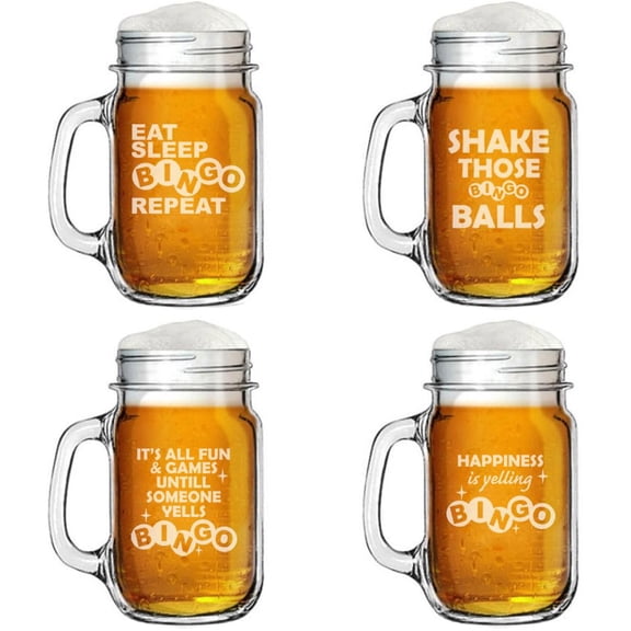 Set of 4 Glass 16oz Mason Jar Glass Mug w/Handle Gift Bingo Collection