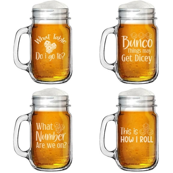 Set of 4 Glass 16oz Mason Jar Glass Mug w/Handle Gift Bunco Collection