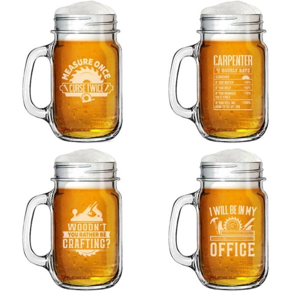 Set of 4 Glass 16oz Mason Jar Glass Mug w/Handle Gift Carpenter Collection