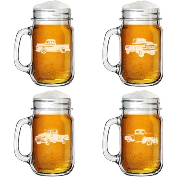 Set of 4 Glass 16oz Mason Jar Glass Mug w/Handle Gift Classic Trucks Collection