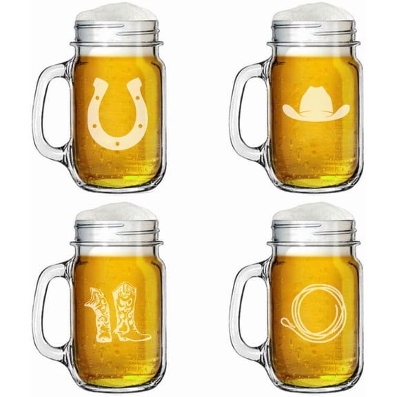 Set of 4 Glass 16oz Mason Jar Glass Mug w/Handle Gift Cowboy Equipment Collection