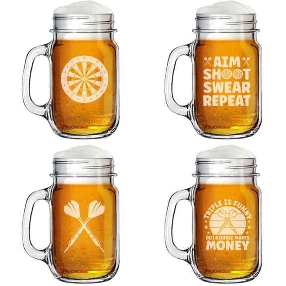 Set of 4 Glass 16oz Mason Jar Glass Mug w/Handle Gift Darts Collection