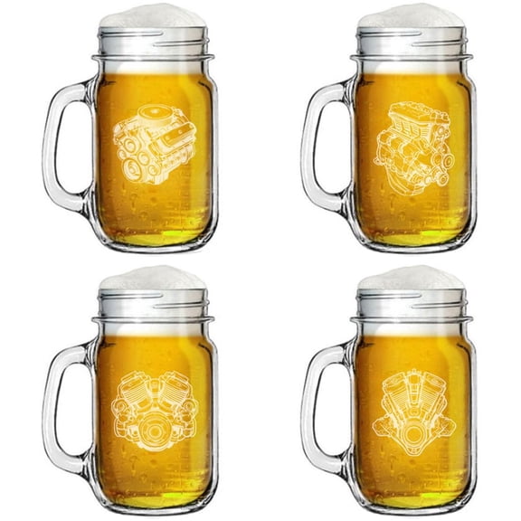 Set of 4 Glass 16oz Mason Jar Glass Mug w/Handle Gift Engine Motor Mechanic Collection