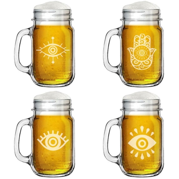 Set of 4 Glass 16oz Mason Jar Glass Mug w/Handle Gift Evil Eye Collection