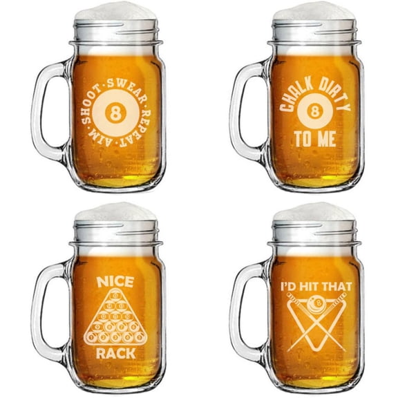 Set of 4 Glass 16oz Mason Jar Glass Mug w/Handle Gift Funny Billards Pool Collection