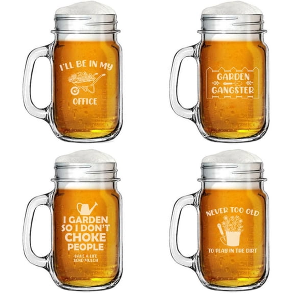 Set of 4 Glass 16oz Mason Jar Glass Mug w/Handle Gift Funny Gardening Gardener Collection