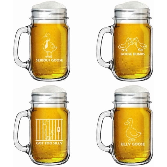 Set of 4 Glass 16oz Mason Jar Glass Mug w/Handle Gift Funny Goose Collection