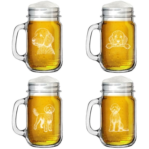 Set of 4 Glass 16oz Mason Jar Glass Mug w/Handle Gift Goldendoodle Collection